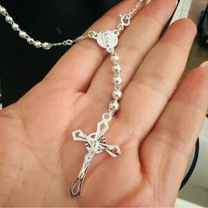 Sterling Silver 925 Rosary Necklace with Crucifix Pendant Solid